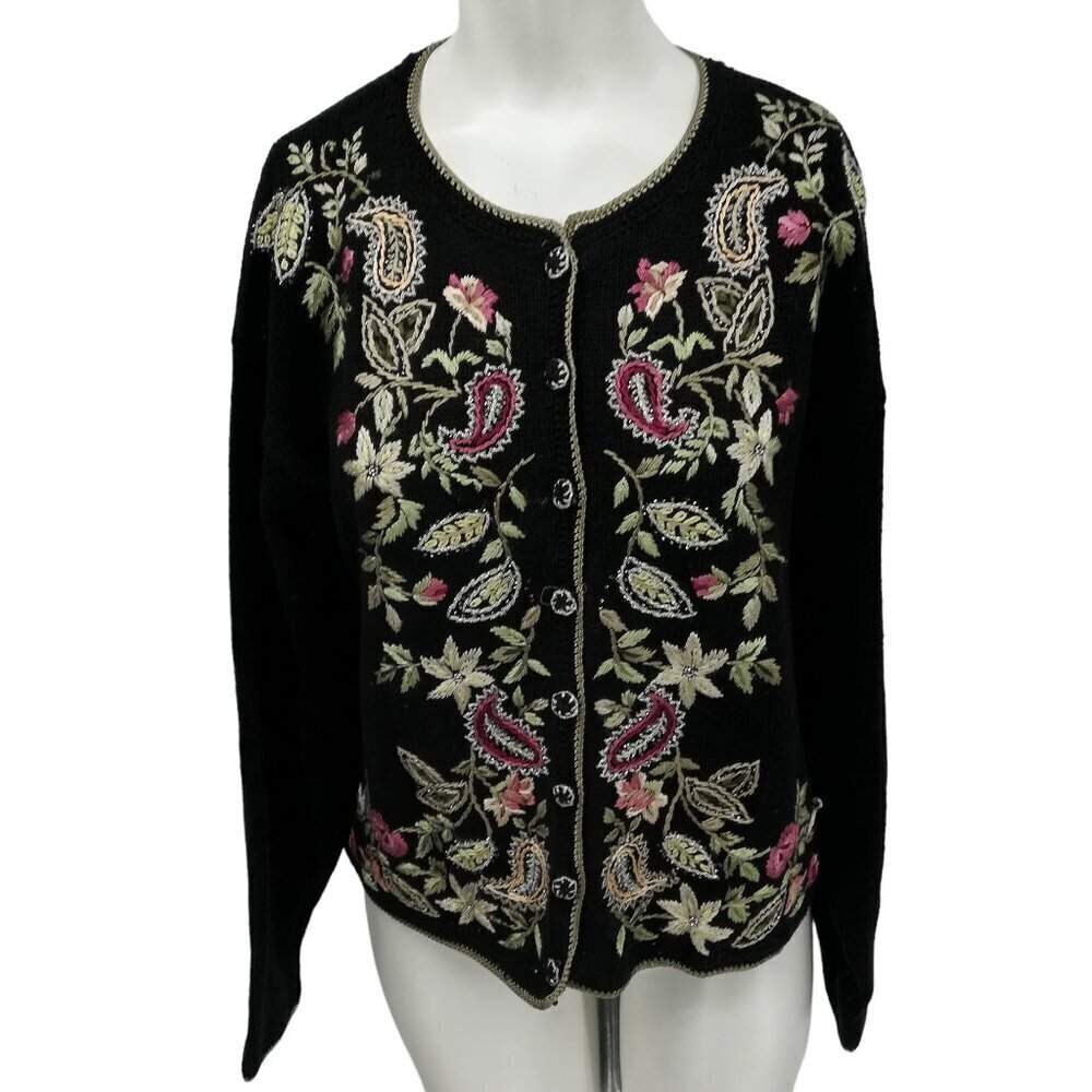 Heirloom Collectibles Embroidered Paisley Floral Cardigan Sweater Size M Petite